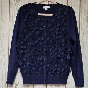Charter Club Navy Floral Appliqué Cardigan Long Sleeve Feminine Core Office XL